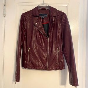 Tommy Hilfiger Maroon Faux Leather Biker Style Jacket